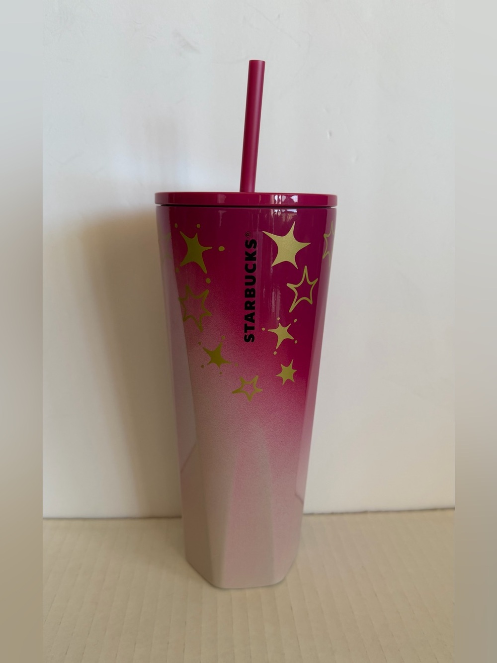 Starbucks Magenta to Pale Pink Ombre Tumbler with Gold Star Motif